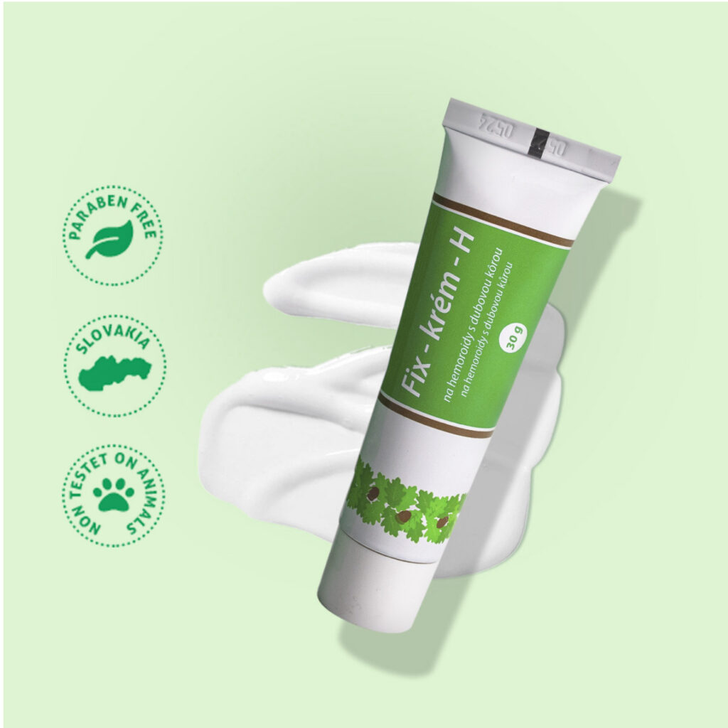 Fix Crème H – crème naturelle contre les hémorroïdes à base d’écorce de chêne, fabriquée en Slovaquie, sans parabènes et non testée sur les animaux. Tube de 30 g.